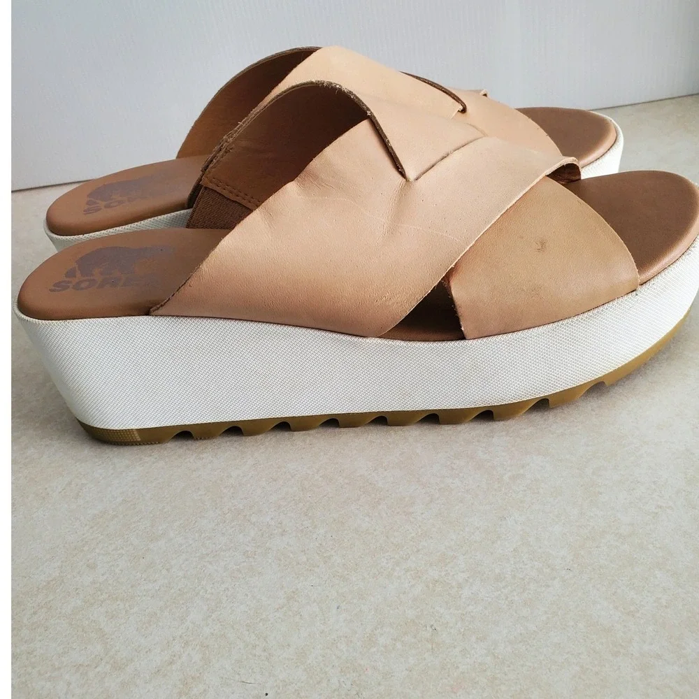 Sorel Cameron Flatform Sandal Tan Leather Cross Strap Platform Comfort Shoes